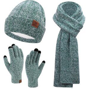 Women's Dark Green Warm Knit Beanie Hat Touchscreen Gloves Long Neck Scarf Set